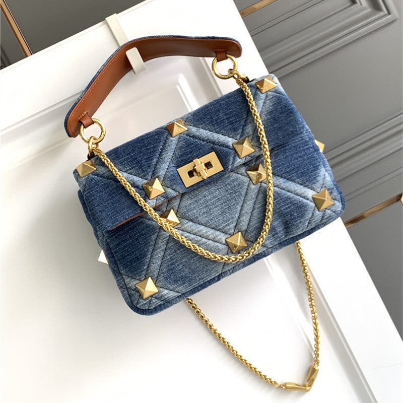Denim With Cowhide Bag Large Rivet - Blue 25cm