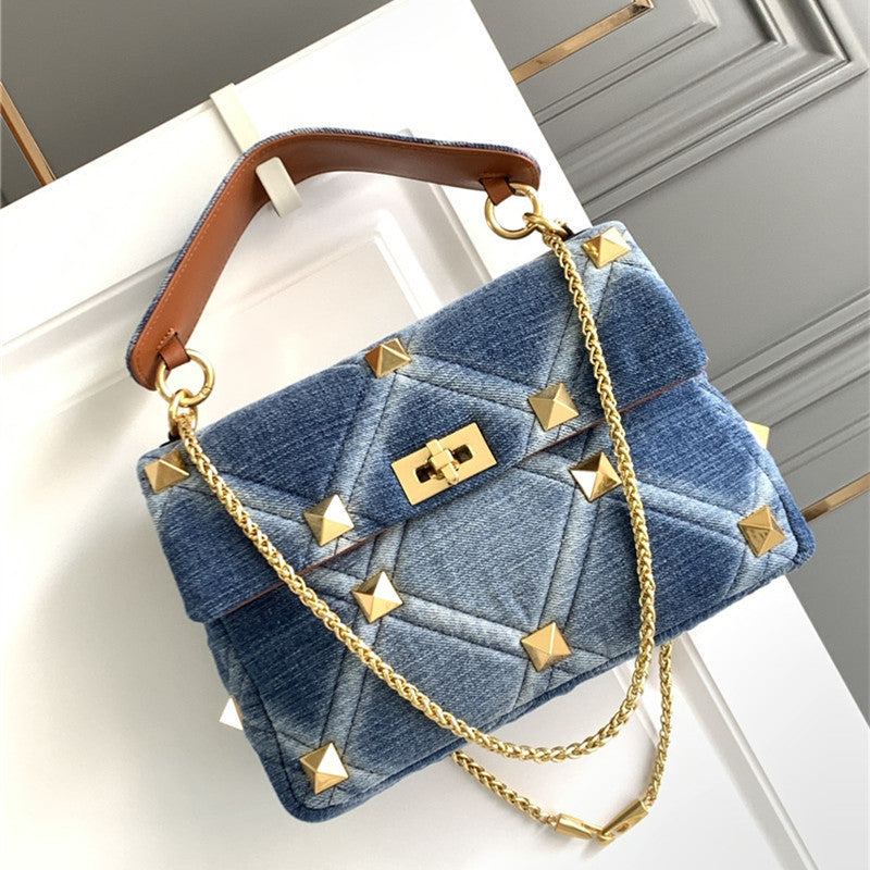 Denim With Cowhide Bag Large Rivet - Blue 30cm
