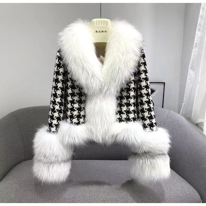 Fur Coat Women’s Short Houndstooth Fur Collar Silver Fox Fur Jacket