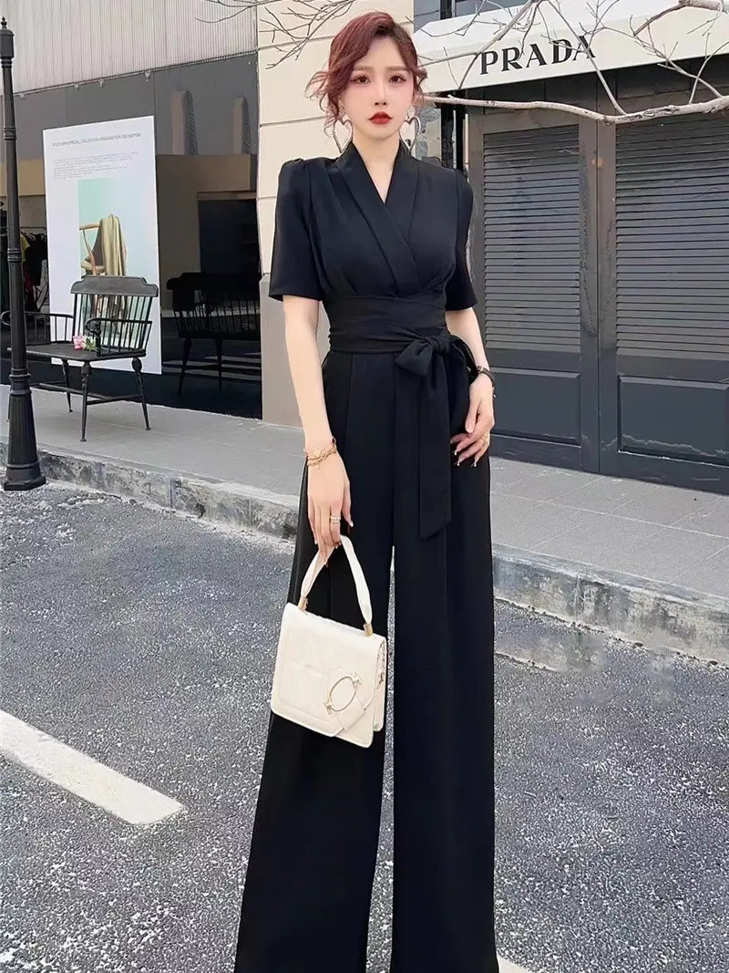 Elegant Temperament Pure Color High Waist Slimming Lace-up Wide Leg Jumpsuit