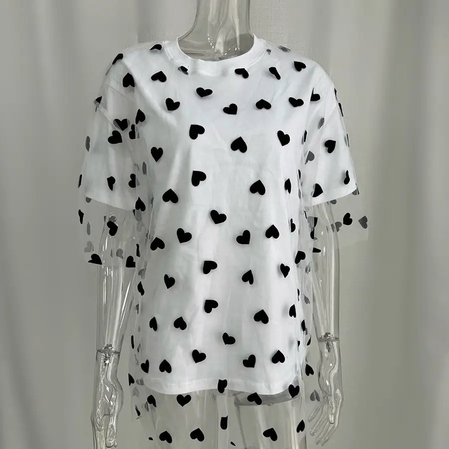 European And American Style Women’s Love Mesh Stitching Loose Basic Style Round Neck Short Sleeve T-shirt