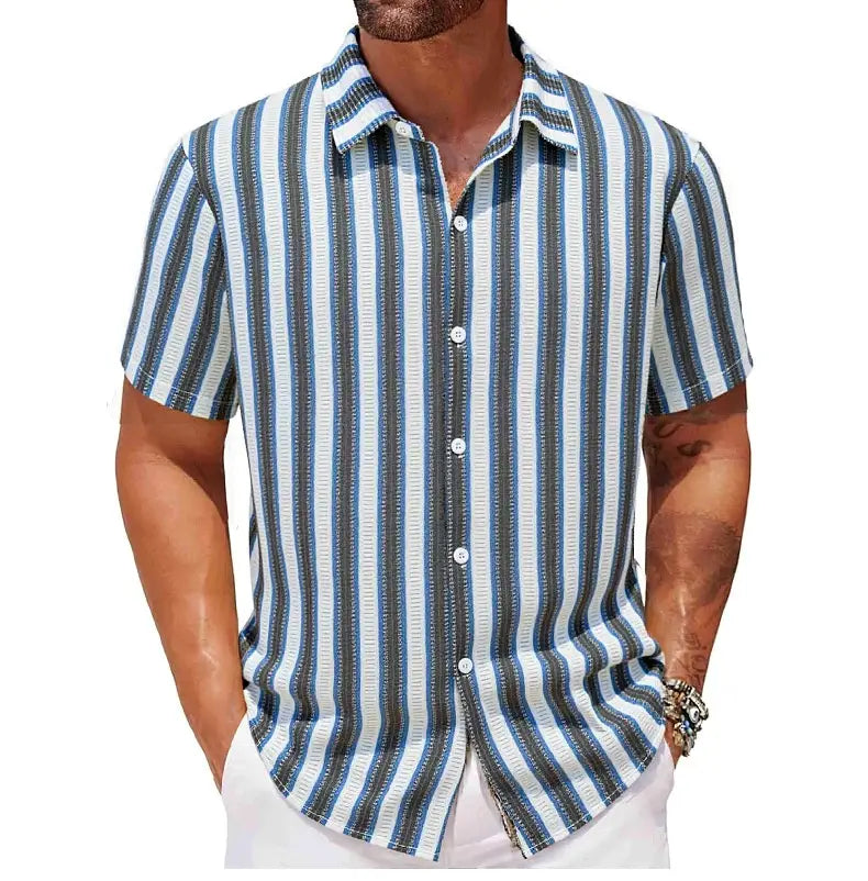 Men’s Beach Casual Yarn-dyed Striped Short-sleeved Lapel Shirt A0407
