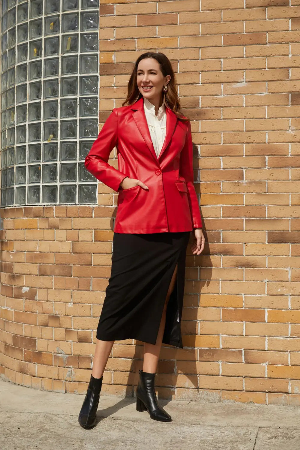 Single Button Commute Leisure Solid Color Leather Coat