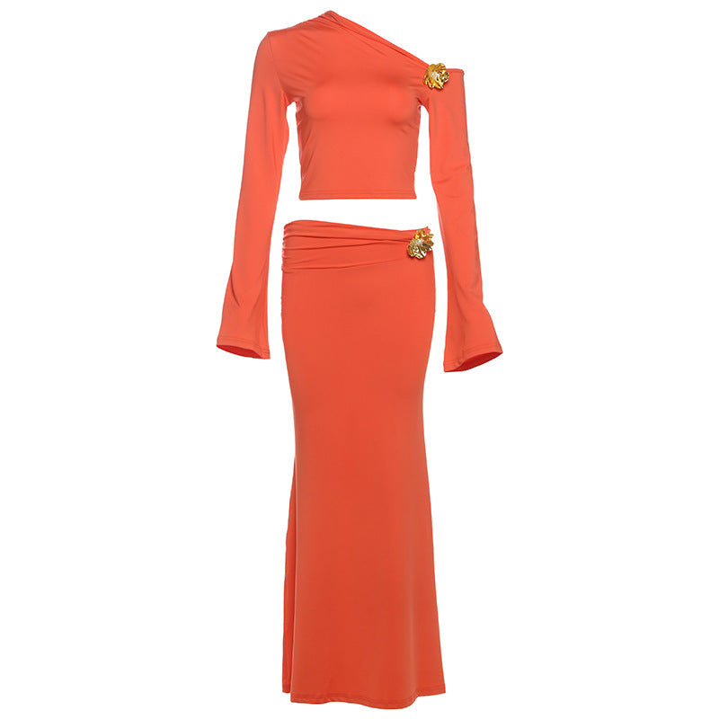 Diagonal Collar Three-dimensional Decoration High Waist Slim Fit Long Dress Suit - Orange / S