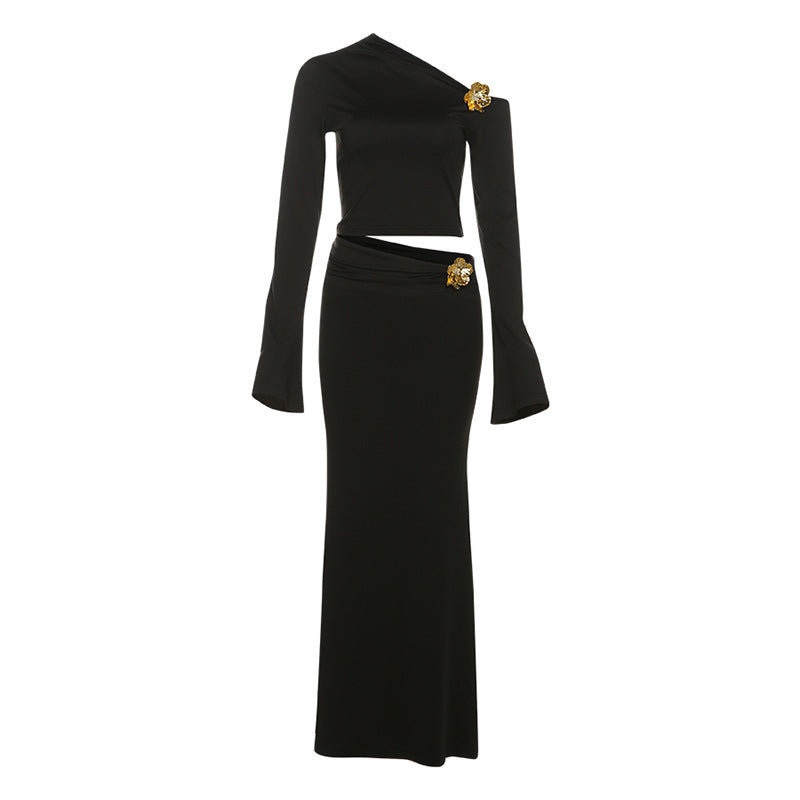 Diagonal Collar Three-dimensional Decoration High Waist Slim Fit Long Dress Suit - Black / S