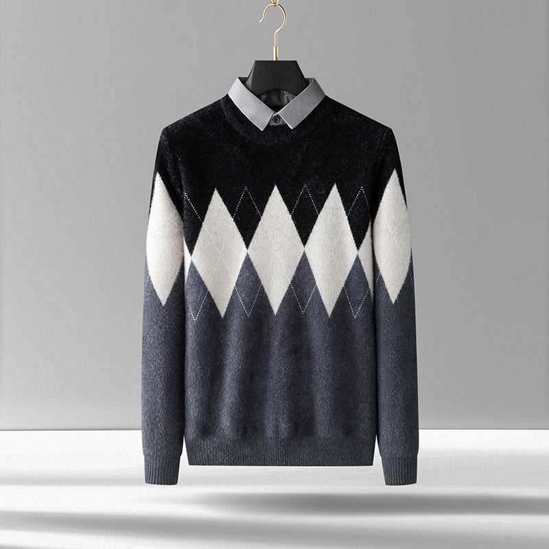 Men’s Diamond Block Fake Two-piece Imitation Mink Bottoming Shirt