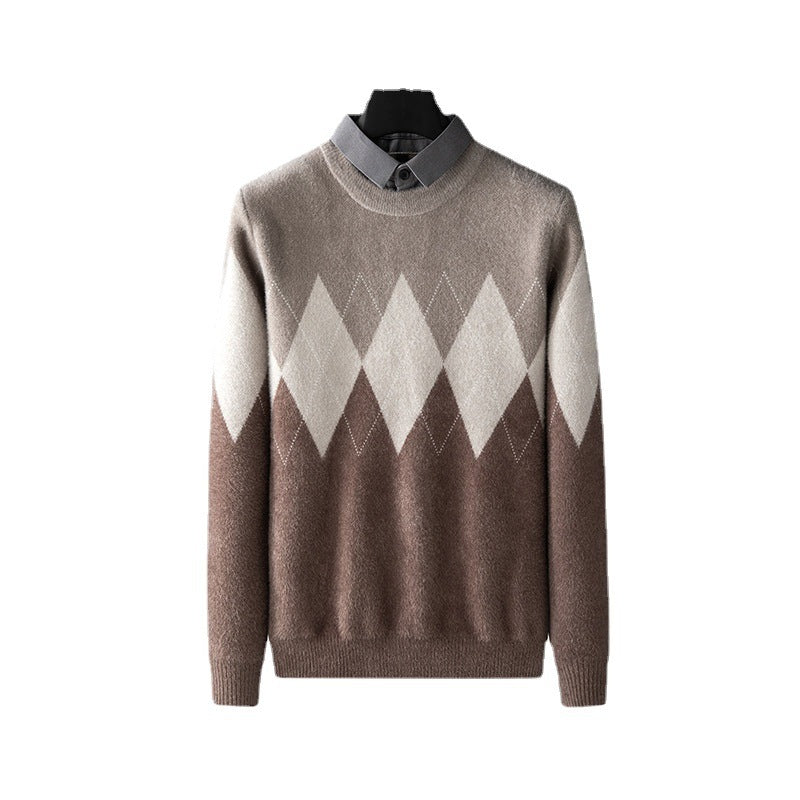 Men’s Diamond Block Fake Two-piece Imitation Mink Bottoming Shirt