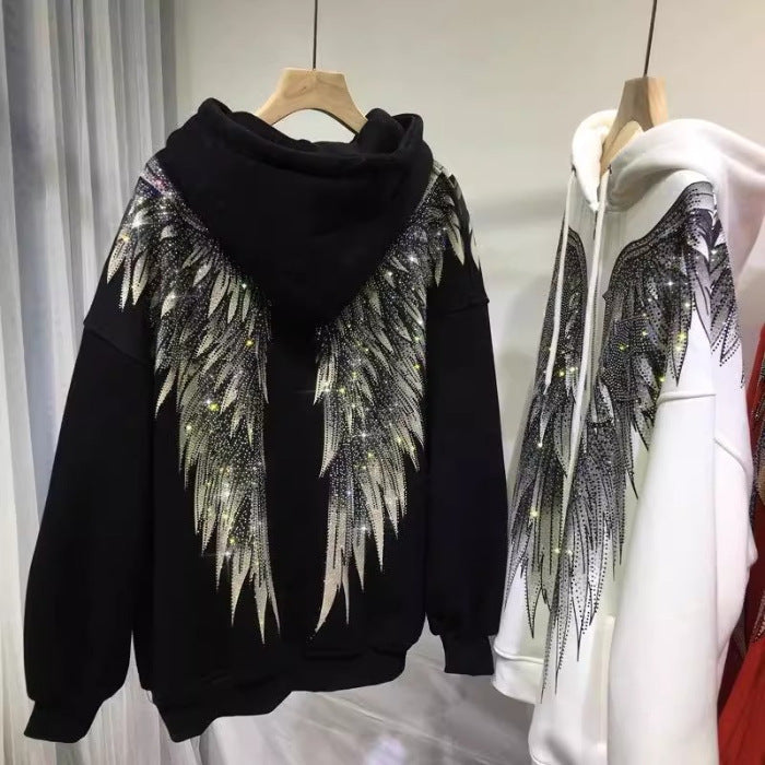 Heavy Embroidery Hot Drilling Light Luxury Front And Rear Wings Hooded Fleece Padded Coat Sweater - Black / L