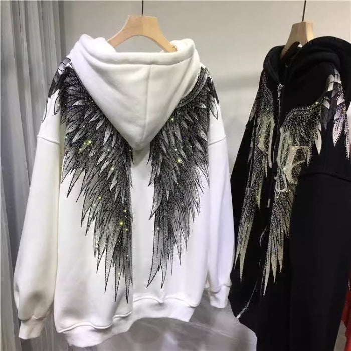 Heavy Embroidery Hot Drilling Light Luxury Front And Rear Wings Hooded Fleece Padded Coat Sweater - White / L