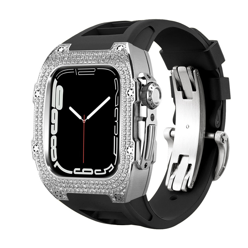 Diamond Encrusted Black Shell Silver Rose Gold Strap Collection - Silver framed black belt / 44mm