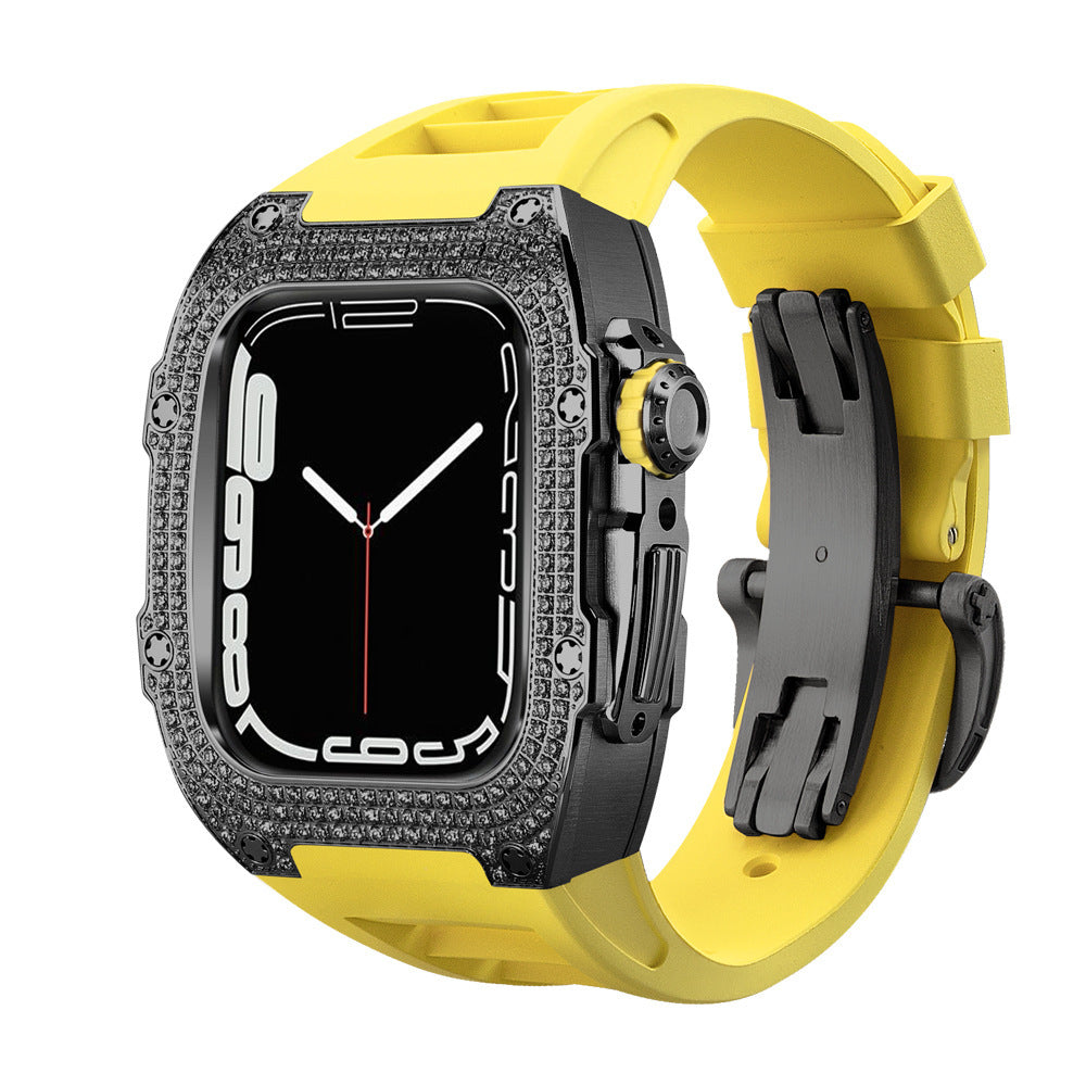 Diamond Encrusted Black Shell Silver Rose Gold Strap Collection - Blackyellow strap / 44mm