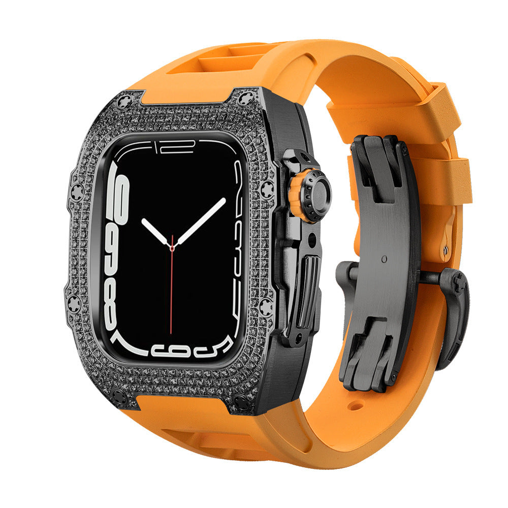 Diamond Encrusted Black Shell Silver Rose Gold Strap Collection - Blackorange strap / 44mm