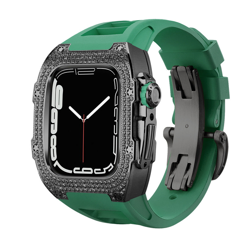 Diamond Encrusted Black Shell Silver Rose Gold Strap Collection - Blackgreen strap / 44mm
