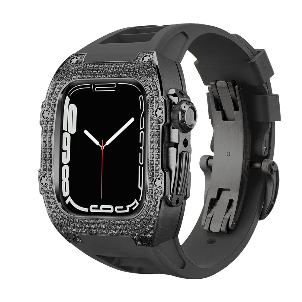 Diamond Encrusted Black Shell Silver Rose Gold Strap Collection - Black caseblack strap / 44mm