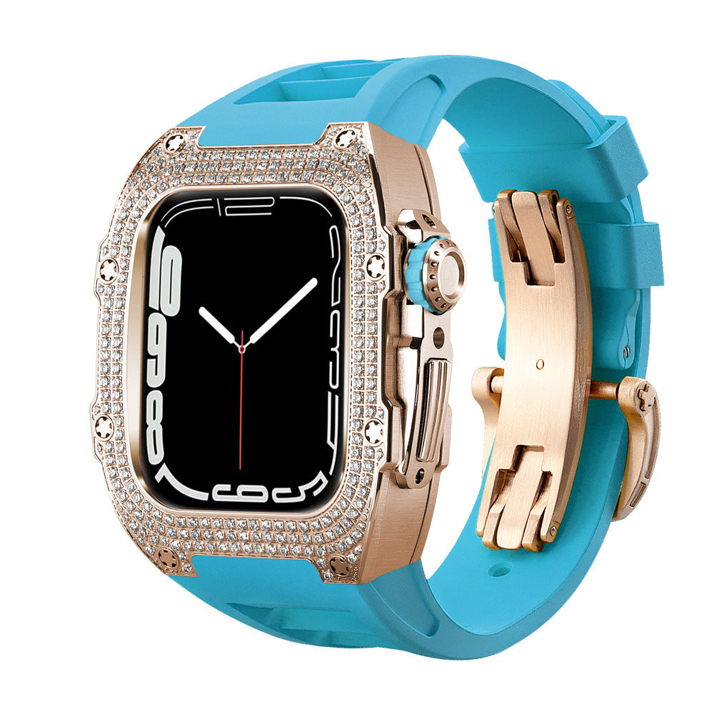 Diamond Encrusted Black Shell Silver Rose Gold Strap Collection - Rose gold shellblue strap / 44mm