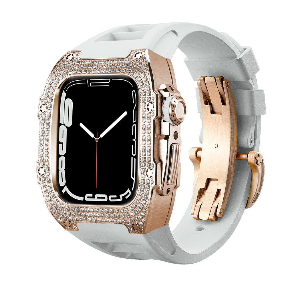 Diamond Encrusted Black Shell Silver Rose Gold Strap Collection - Rose gold shellwhite strap / 44mm
