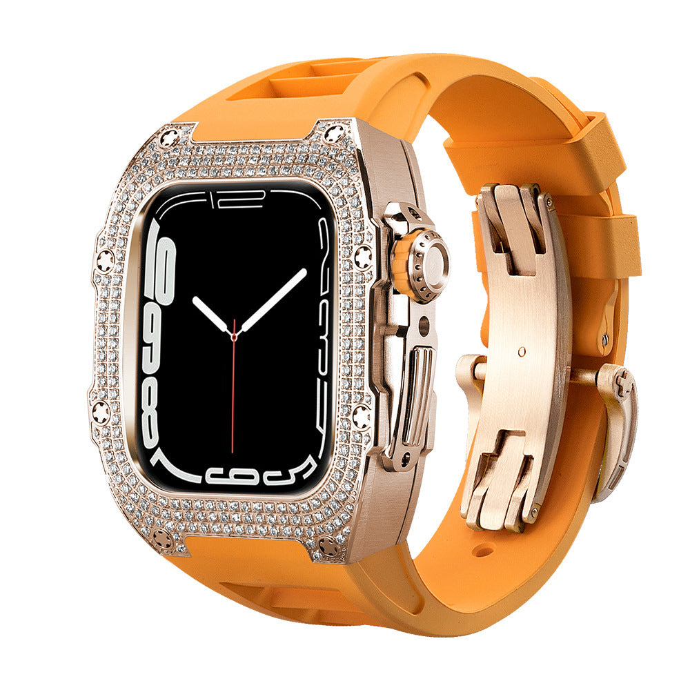 Diamond Encrusted Black Shell Silver Rose Gold Strap Collection - Rose gold shellorange strap / 44mm