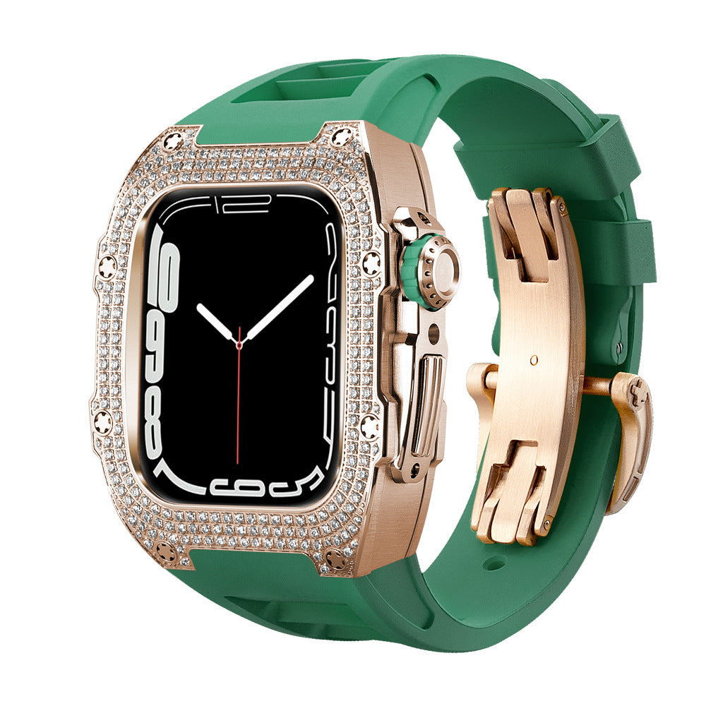 Diamond Encrusted Black Shell Silver Rose Gold Strap Collection - Rose gold shellgreen strap / 44mm