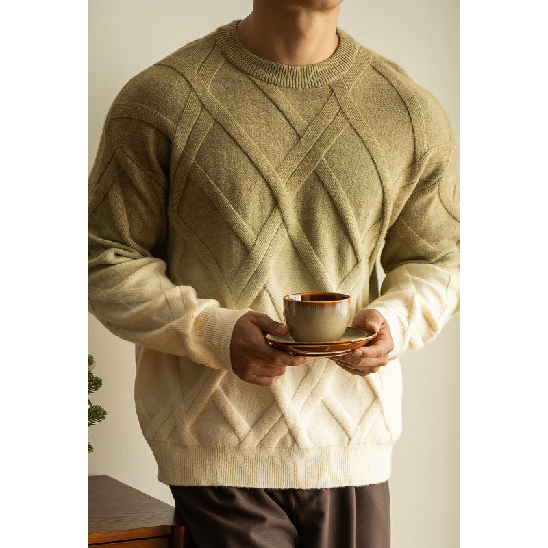 Diamond Lattice Jacquard Gradient Sweater - Khaki Green / XL
