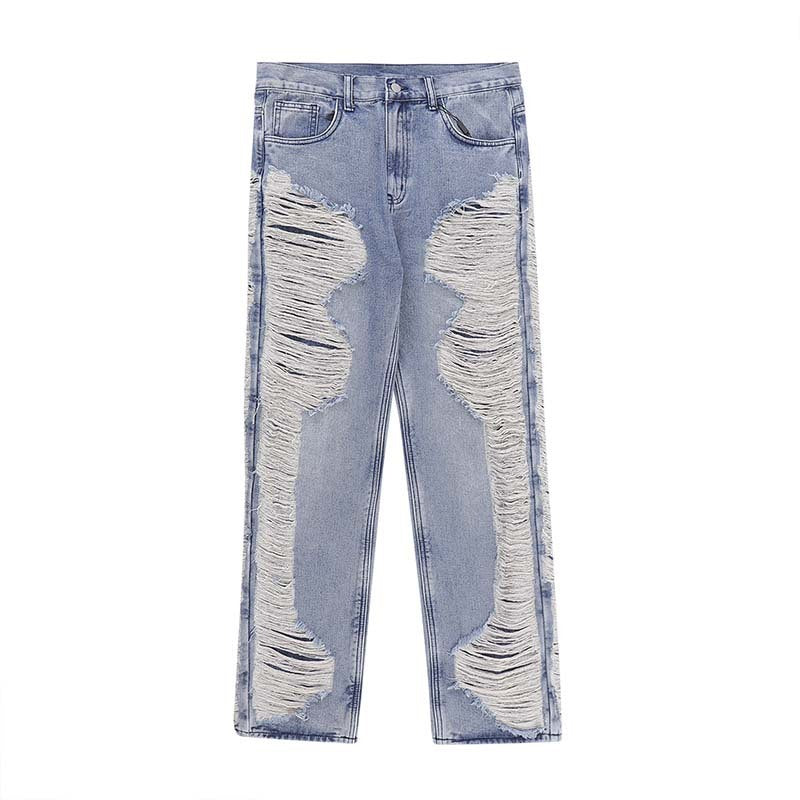 Worn Out Cat Whisker Jeans Loose Personality Hip-hop Straight Pants - Blue / S