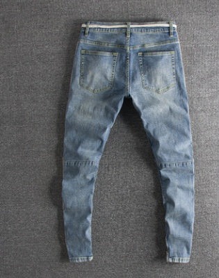 Retro old washed knee hole youth fashion Slim foreign trade original single men’s jeans trousers
