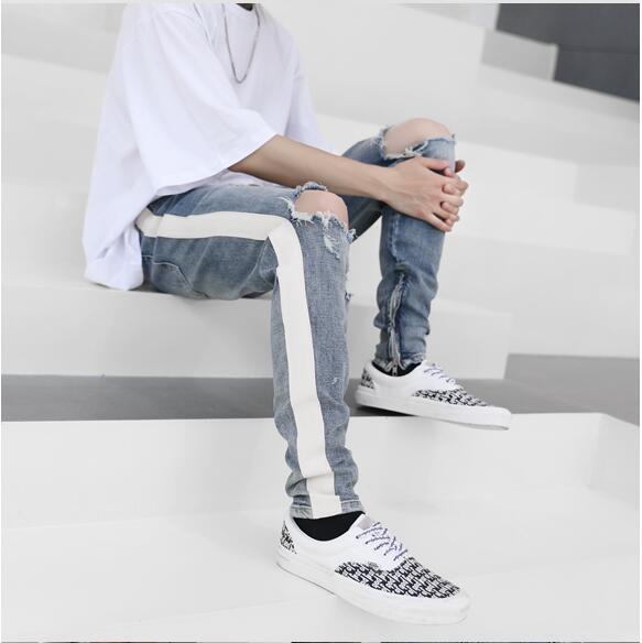 Retro old washed knee hole youth fashion Slim foreign trade original single men’s jeans trousers