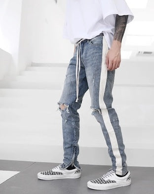 Retro old washed knee hole youth fashion Slim foreign trade original single men’s jeans trousers