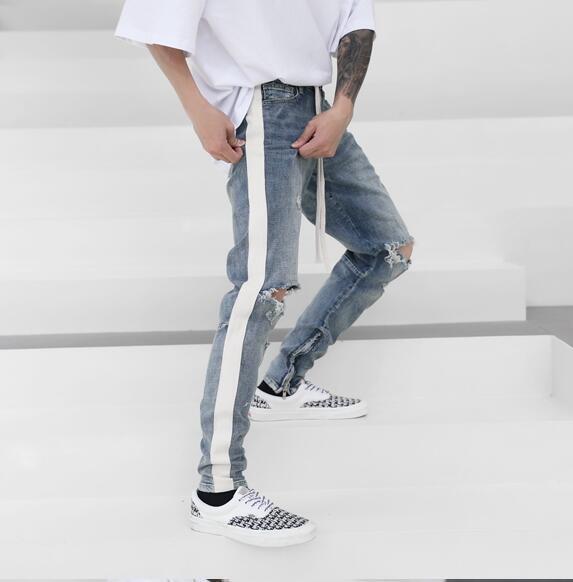 Retro old washed knee hole youth fashion Slim foreign trade original single men’s jeans trousers