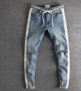 Retro old washed knee hole youth fashion Slim foreign trade original single men’s jeans trousers