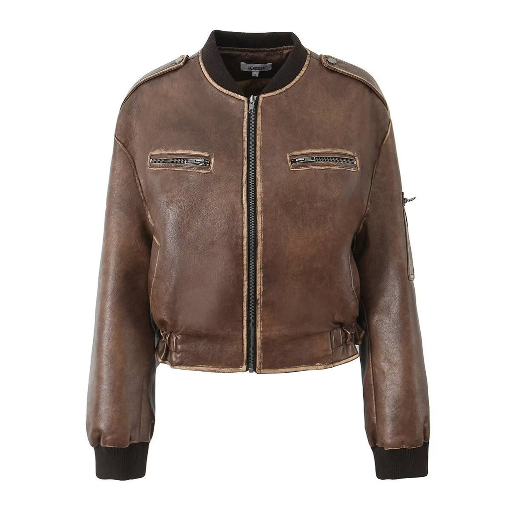 Retro Distressed Loose Leather Coat American Short Jacket - Brown / S