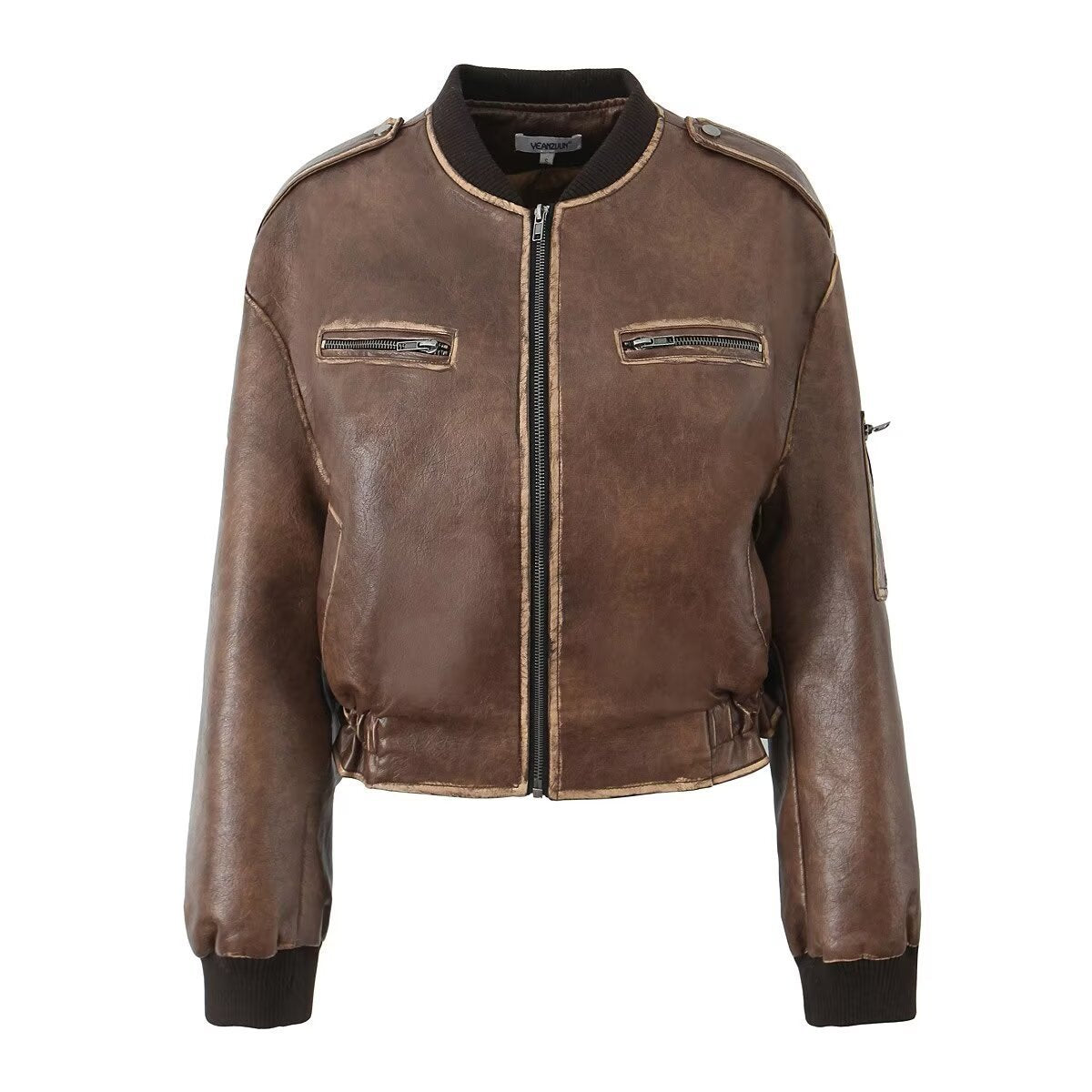 Retro Distressed Loose Leather Coat American Short Jacket - Brown / S