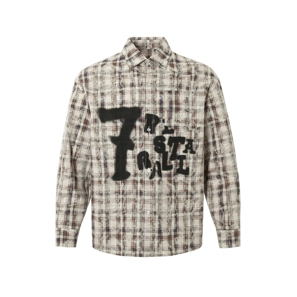 Retro Tie-dyed Distressed Plaid Long-sleeved Shirt Loose - Red Coffee Color / M