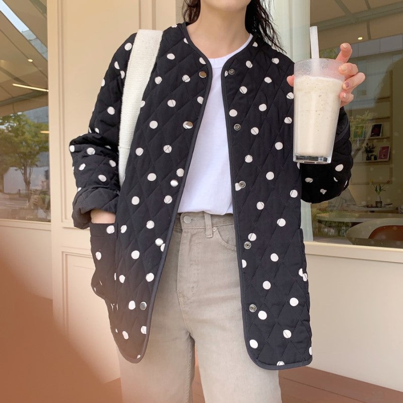 Polka Dot Round Neck Loose Double Pocket Quilted Jacket - Picture Color / Free Size