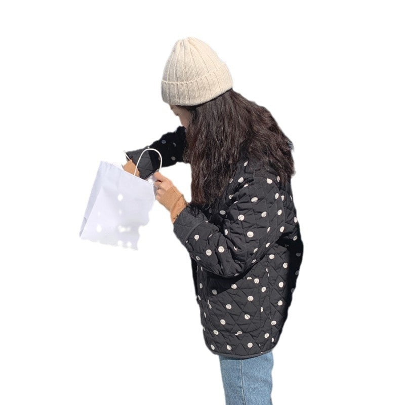 Polka Dot Round Neck Loose Double Pocket Quilted Jacket - Picture Color / Free Size