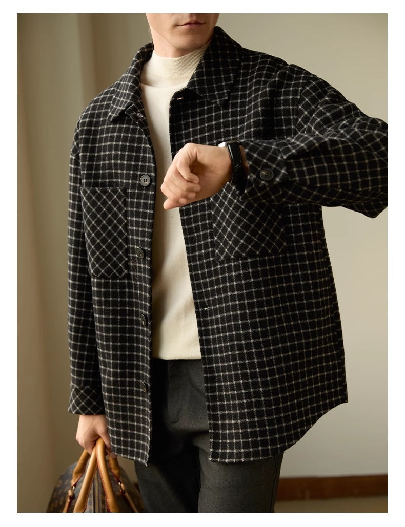 Double-sided Woolen Houndstooth Design Coat Men’s Casual - Black / 2XL