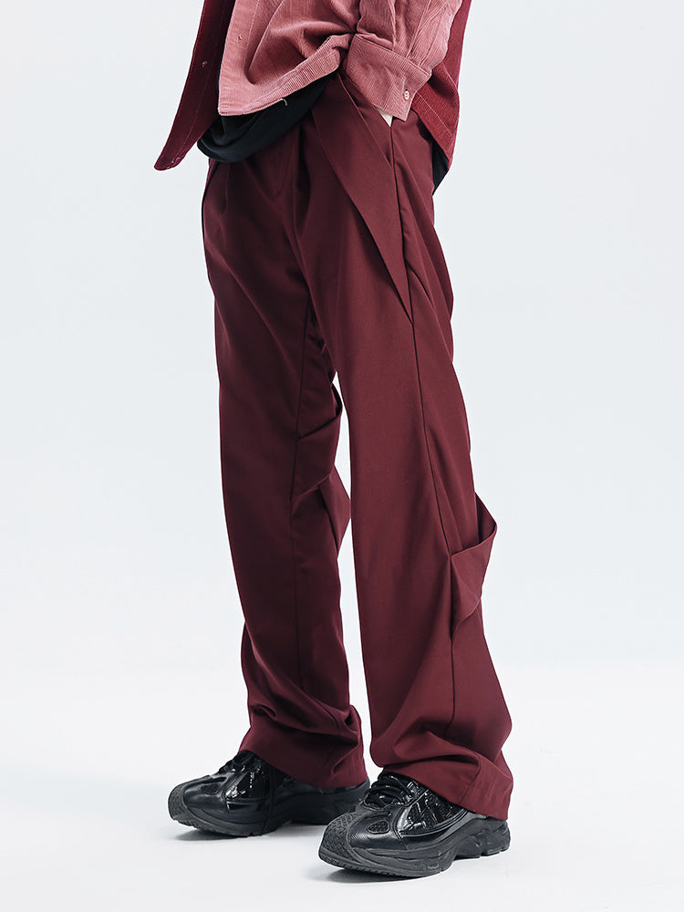 Draped Casual High Street Straight-leg Micro-flare Trousers - Wine Red / XS