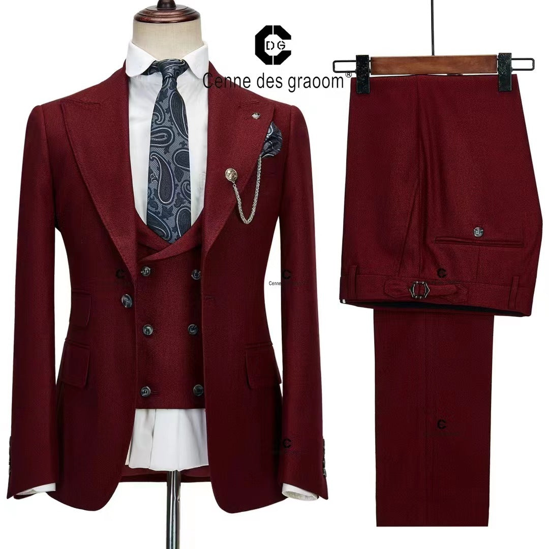 Dress Suit Men’s Best Man Wedding Esmoquin - Dark Red / XS