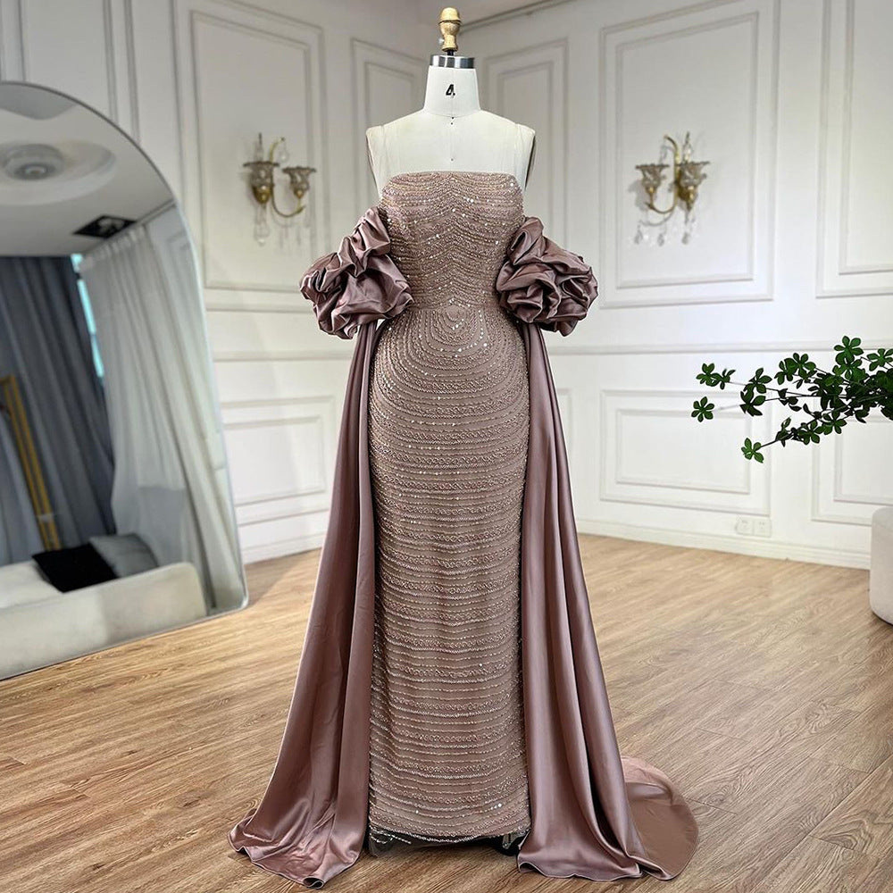 Dried Rose High-end Elegant Beaded Fishtail Annual Party Banquet Host Luxury Dress - Dried Rose / XS