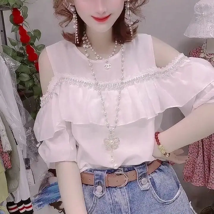 Off-the-shoulder Top Women’s Western Style Small Shirt Temperament Half Sleeve