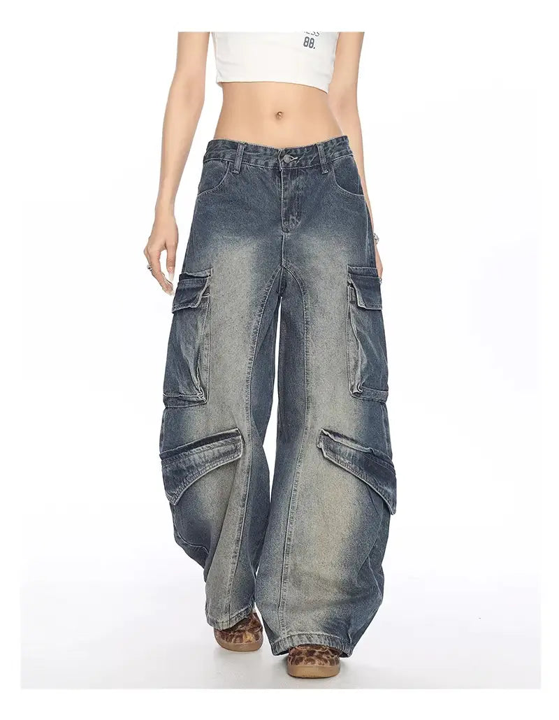 Washed Multi-pocket Denim Matchet Pants