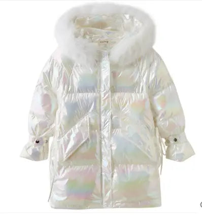 Colorful Shell-colored Down Jacket With Large Fur Collar