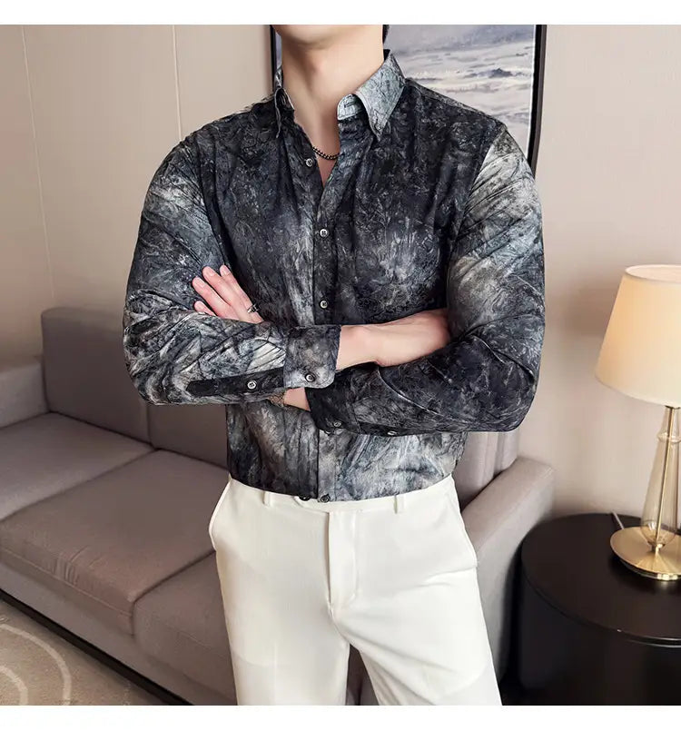 Trendy Tie-dye Printed Shirt Men’s Long Sleeve Spring Slim-fitting