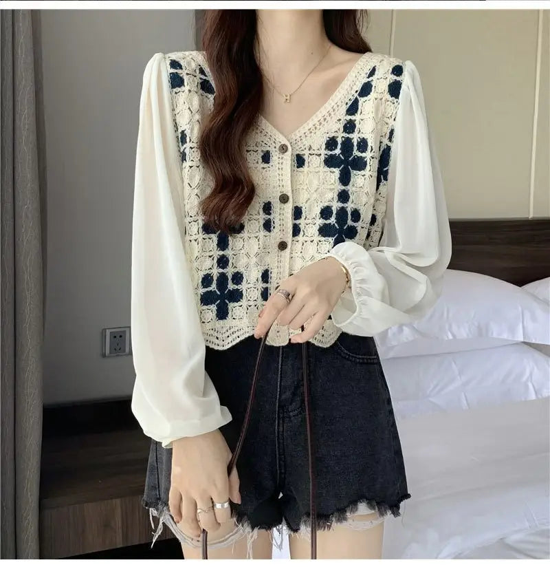 Hollow Lace Shirt Spring Fashion Long Sleeve Stitching