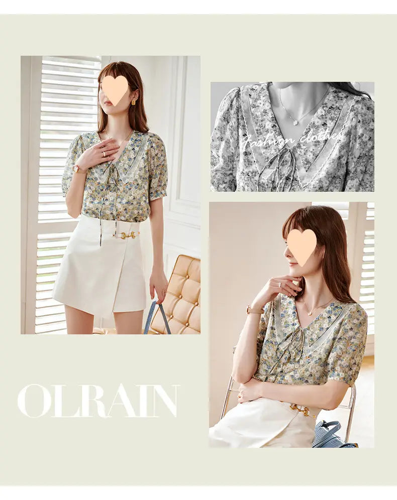 New Short Sleeve Elegant Slimming French Collar Design Floral Chiffon Shirt