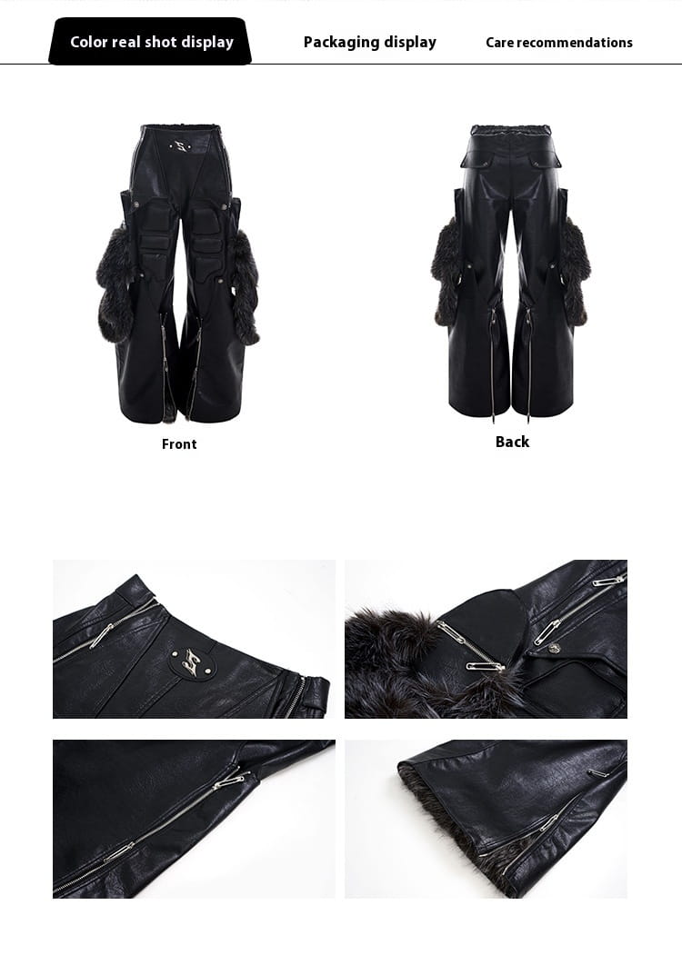 Structural Design Fur Stitching PU Leather Wide-leg Pants