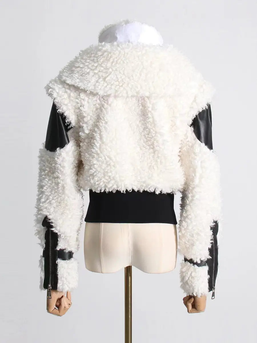 Women’s Lamb Wool Stitching PU Leather Zipper Jacket