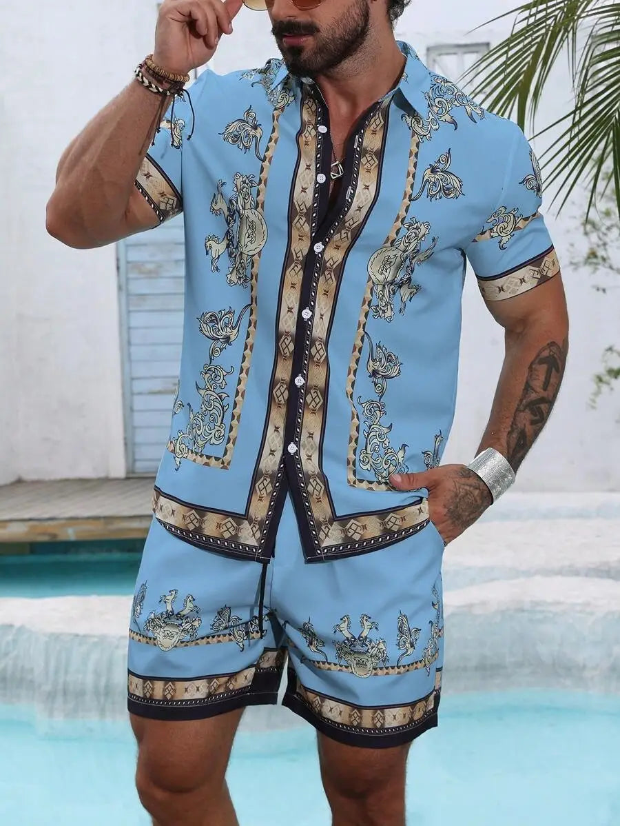 3D Digital Printing Men’s Casual Loose Shirt Shorts