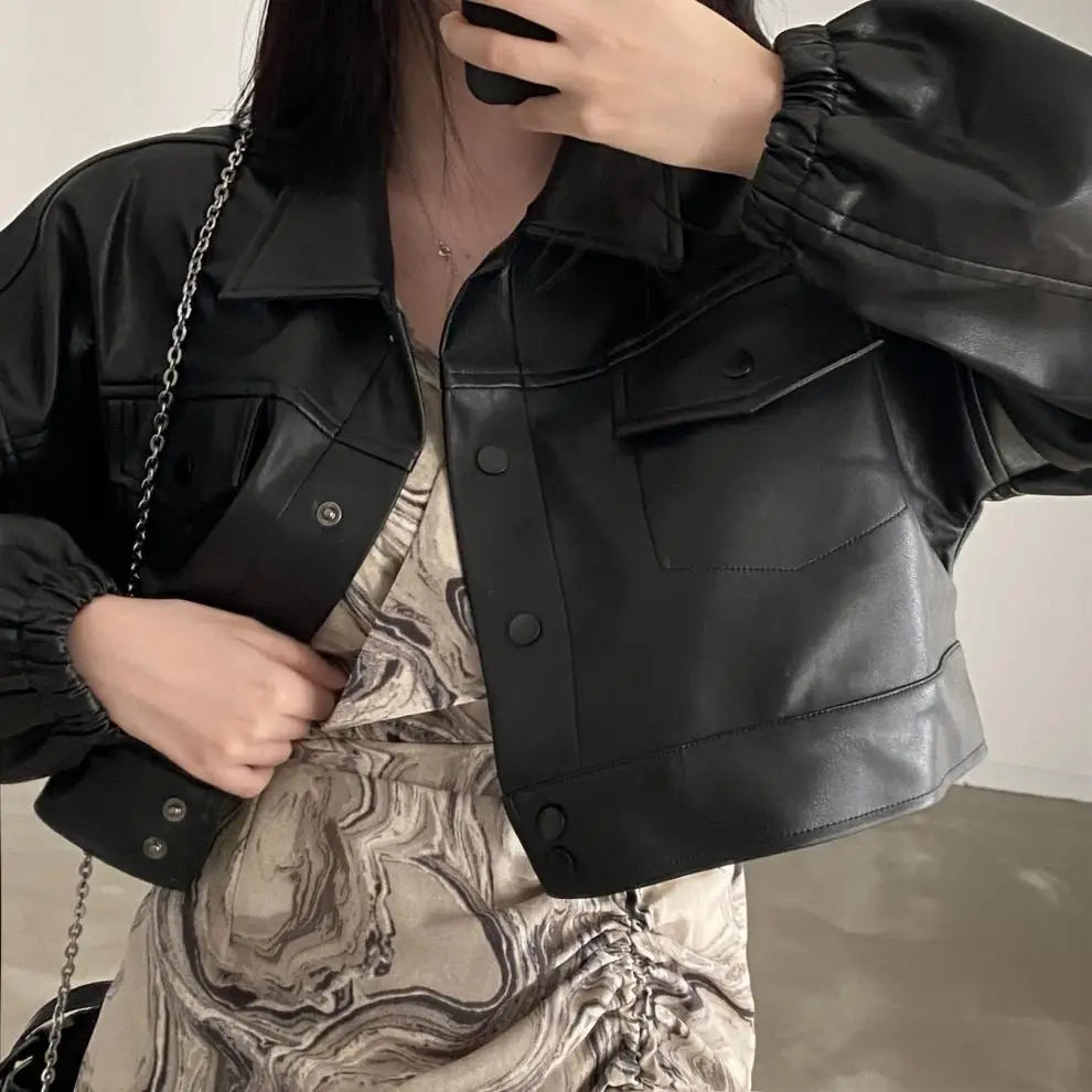 Chic Lapel Double Pocket Leather Top Leather Coat