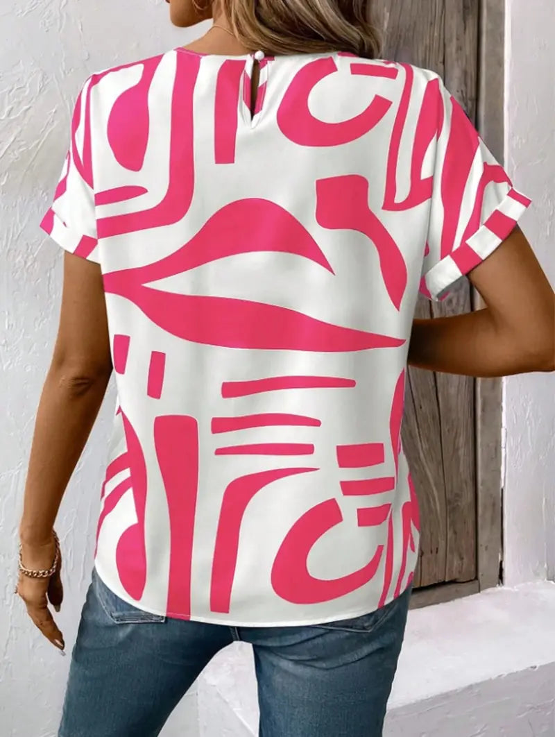 Batwing Sleeve Round Neck Geometric Printed Shirt For Women