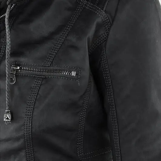 Women’s Detachable Lapel Long Sleeve Solid Color Zipper Leather Jacket Coat